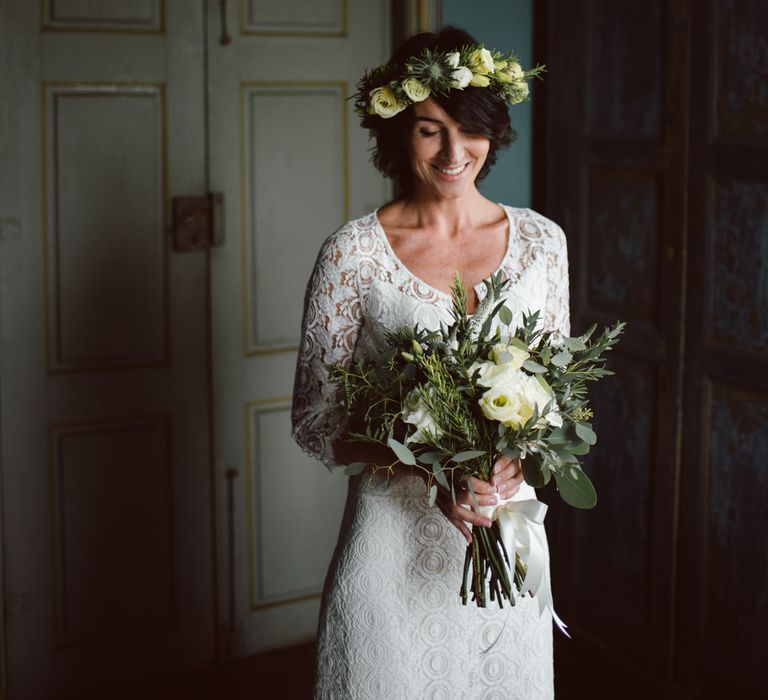 Bride in Lace Laure de Sagazan Bridal Gown | Green &amp; White Bohemian Wedding in the Rain at Castello di San Sebastiano da Po, Italy | Margherita Calati Photography | Second Shooter Carlo Vittorio