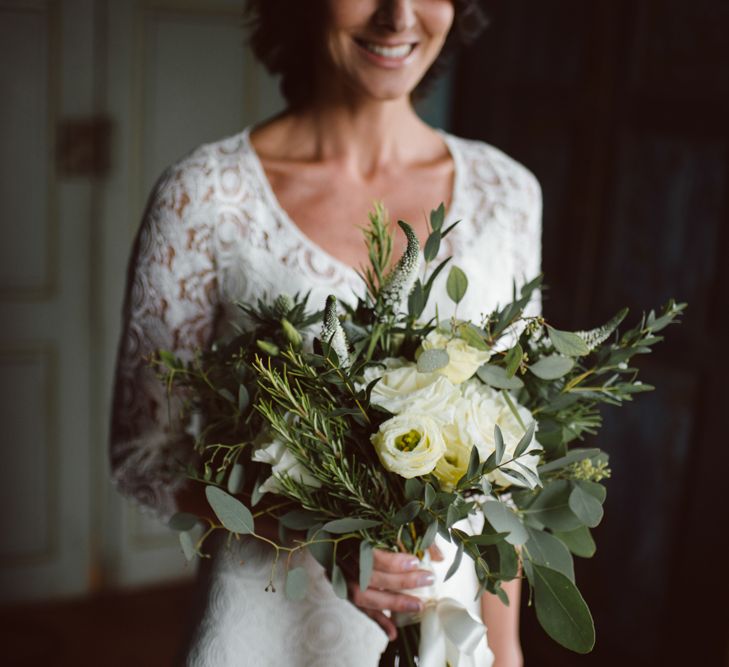 Bride in Lace Laure de Sagazan Bridal Gown | Green &amp; White Bohemian Wedding in the Rain at Castello di San Sebastiano da Po, Italy | Margherita Calati Photography | Second Shooter Carlo Vittorio