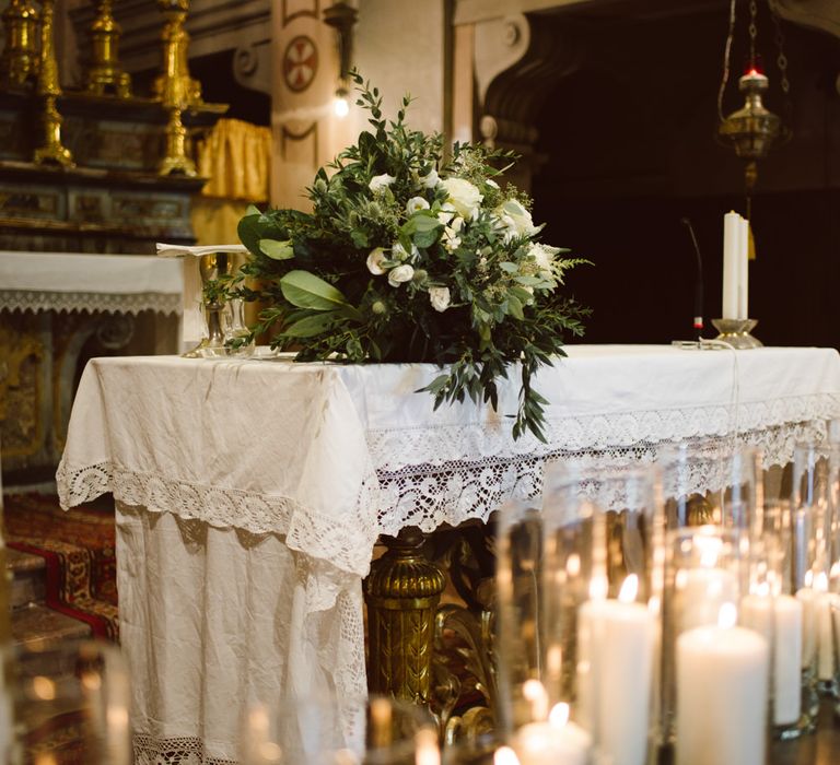 Candle Lit Altar | Green &amp; White Bohemian Wedding in the Rain at Castello di San Sebastiano da Po, Italy | Margherita Calati Photography | Second Shooter Carlo Vittorio