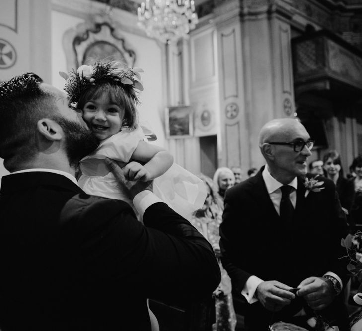 Groom at the Altar with Daughter  | Green &amp; White Bohemian Wedding in the Rain at Castello di San Sebastiano da Po, Italy | Margherita Calati Photography | Second Shooter Carlo Vittorio