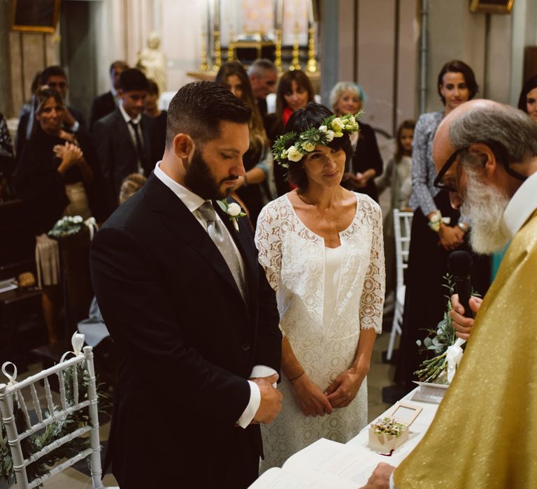 Wedding Ceremony | Bride in Laure De Sagazan Gown | Groom in Black Suit | Green &amp; White Bohemian Wedding in the Rain at Castello di San Sebastiano da Po, Italy | Margherita Calati Photography | Second Shooter Carlo Vittorio