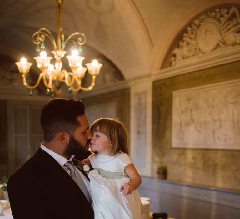 Groom in Black Suit &amp; Flower Girl Daughter | Green &amp; White Bohemian Wedding in the Rain at Castello di San Sebastiano da Po, Italy | Margherita Calati Photography | Second Shooter Carlo Vittorio