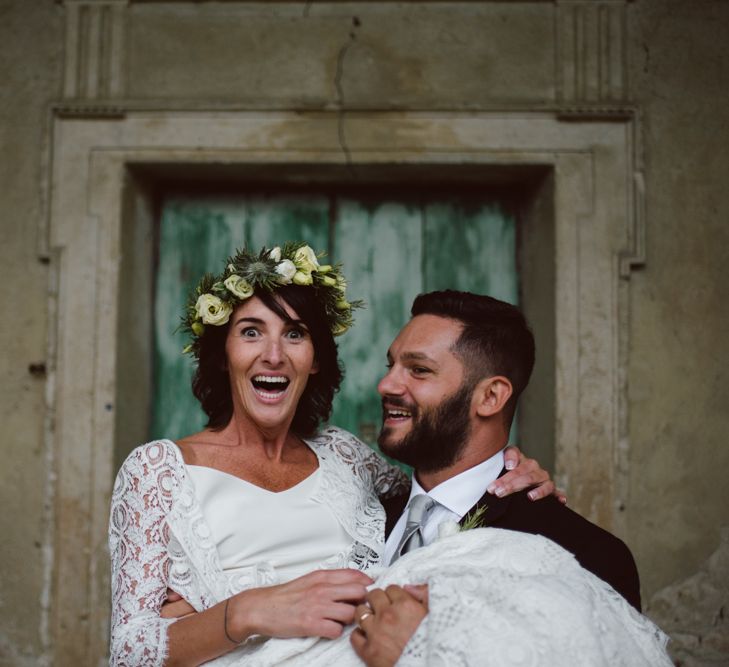 Bride in Laure De Sagazan Gown | Groom in Black Suit | Green &amp; White Bohemian Wedding in the Rain at Castello di San Sebastiano da Po, Italy | Margherita Calati Photography | Second Shooter Carlo Vittorio