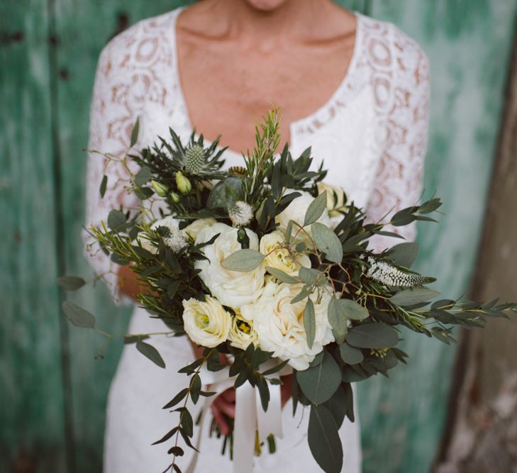 Foliage &amp; White Rose Bouquet | Bride in Laure De Sagazan Gown | Green &amp; White Bohemian Wedding in the Rain at Castello di San Sebastiano da Po, Italy | Margherita Calati Photography | Second Shooter Carlo Vittorio