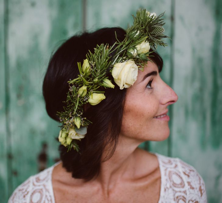 Foliage &amp; White Rose Flower Crown | Bride in Laure De Sagazan Gown | Green &amp; White Bohemian Wedding in the Rain at Castello di San Sebastiano da Po, Italy | Margherita Calati Photography | Second Shooter Carlo Vittorio