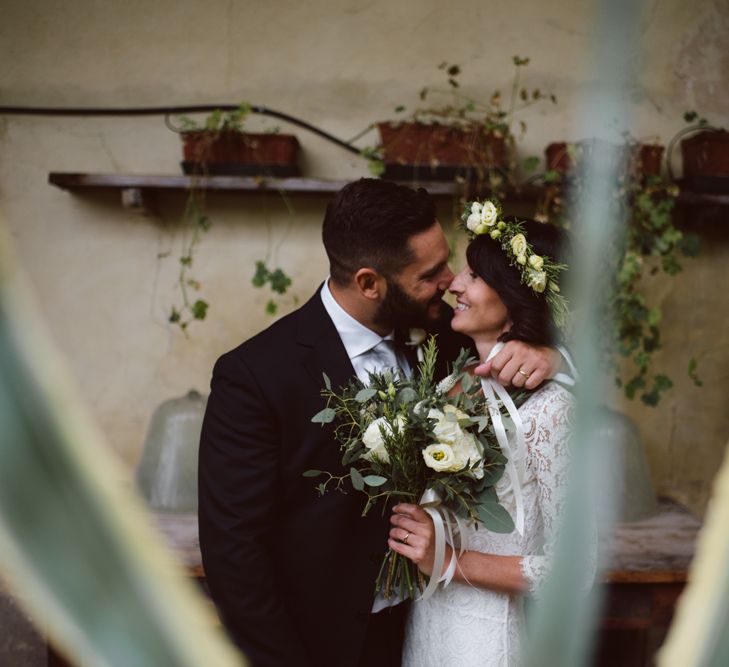 Bride in Laure De Sagazan Gown | Groom in Black Suit | Green &amp; White Bohemian Wedding in the Rain at Castello di San Sebastiano da Po, Italy | Margherita Calati Photography | Second Shooter Carlo Vittorio