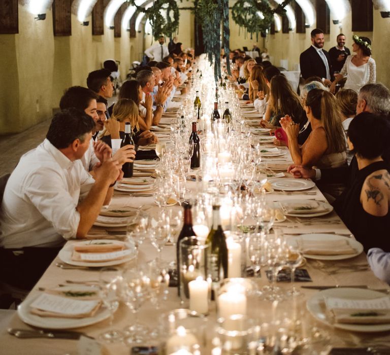 Greenery Hanging Hoops &amp; Candle Light Wedding Reception Decor | Green &amp; White Bohemian Wedding in the Rain at Castello di San Sebastiano da Po, Italy | Margherita Calati Photography | Second Shooter Carlo Vittorio