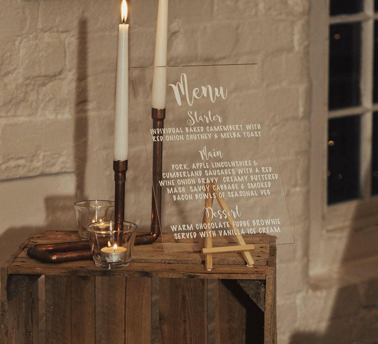 Acrylic Menu Sign and Copper Pipe Candle Stick Holder