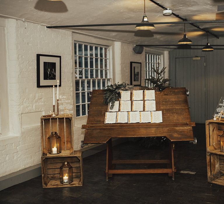 Wedding Decor with Wooden Crates, Copper Candlesticks and Table Plan