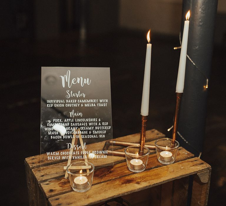 Acrylic Menu Sign and Copper Pipe Candlestick Holders