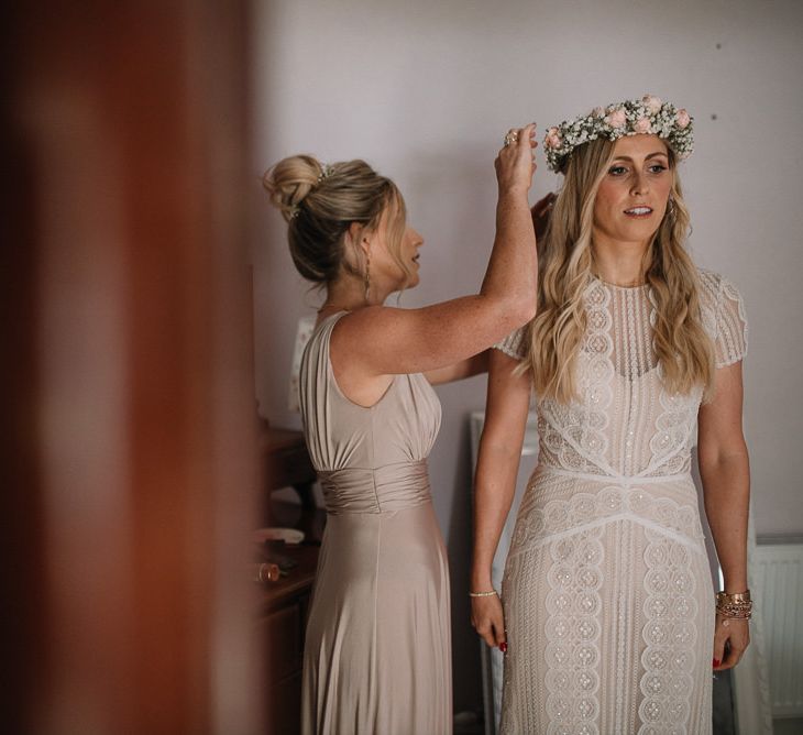 Bride in Watters wedding dress with flower crown