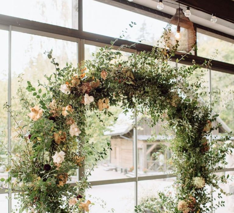 Floral Moon Gate with Foliage and Peach Wedding Flowers