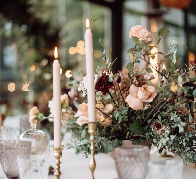 Pink Taper Candles in Gold Candlesticks