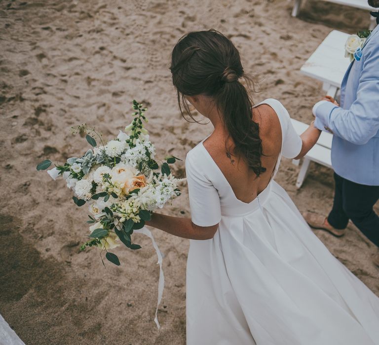 Bride With Pony Tail // Lusty Glaze Beach Wedding // Image By Ross Talling Photography