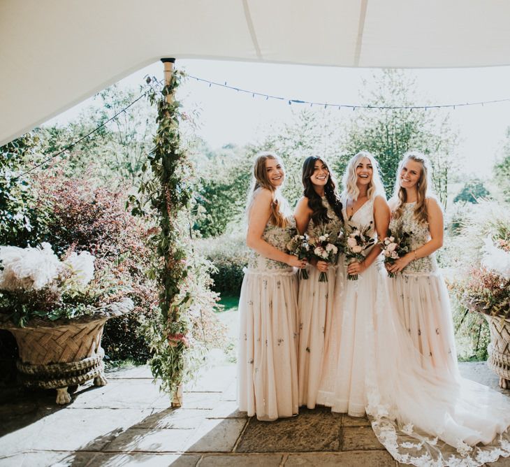 Beautiful Bridal Party Portrait with Bridesmaids in Embellished Dresses