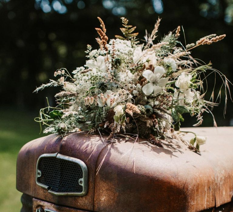 Tractor with wedding bouquet