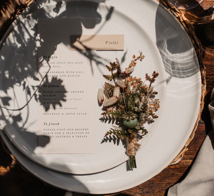 Place setting for woodland wedding at Wickerwood Farm