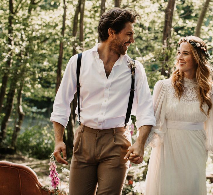 relaxed boho wedding at Wickerwood Farm with bride in flower crown