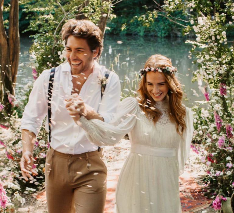 Confetti portrait at eco-friendly woodland wedding