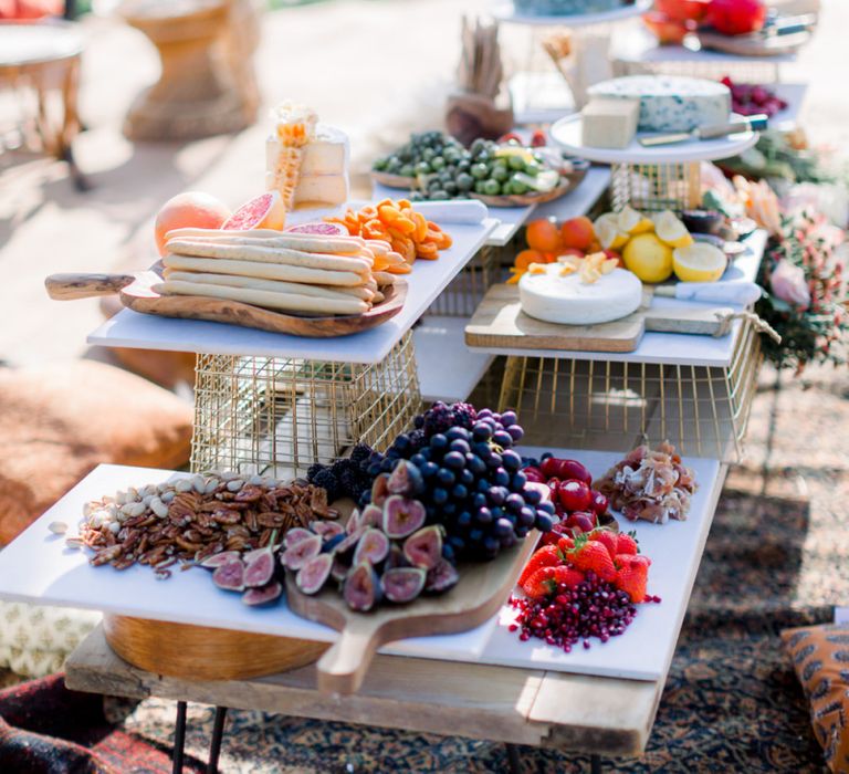 Grazing Table with Cheeses, Breadsticks, dried and Fresh Fruit