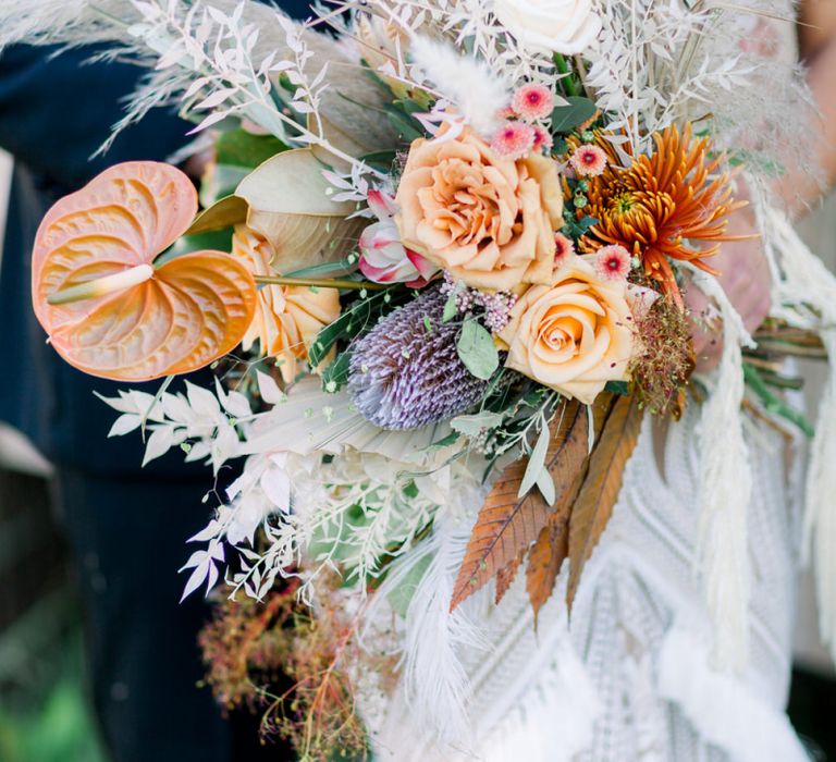 Peach, Orange and Dried Flower Wedding Bouquet with Roses and Protea's