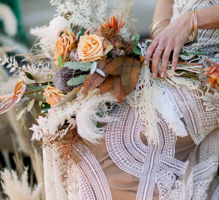 Dried Flower, Grasses and Foliage Wedding Bouquet with Orange Roses and Proteas