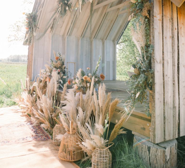 Dried Pampas Grass Wedding Flowers in Wicker Baskets