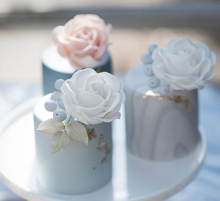 Cornflower Blue And Gold Wedding Cake // Winter Wedding Inspiration At Sennowe Park Norfolk With Cornflower Blue And Gold Details With Images From Salsabil Morrison Photography