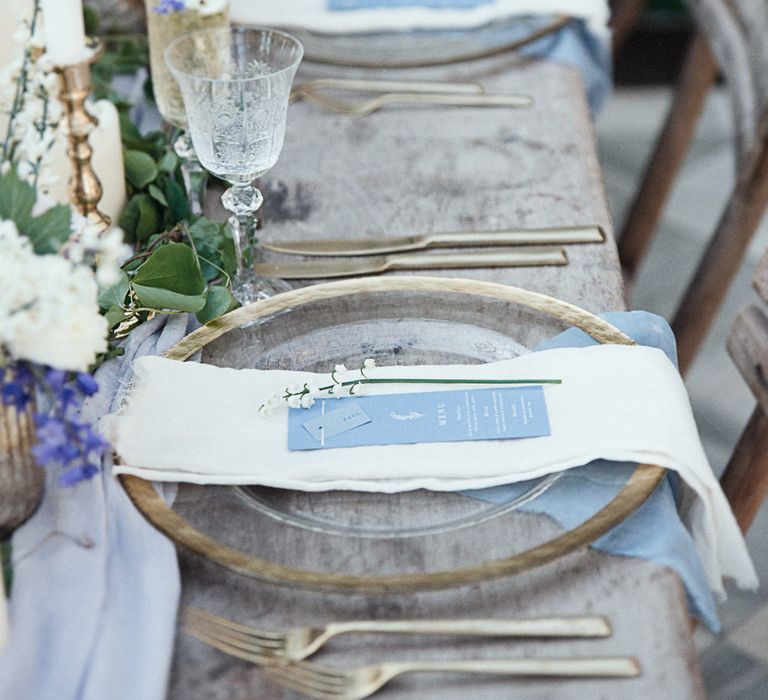 Cornflower Blue And Gold Wedding Decor // Winter Wedding Inspiration At Sennowe Park Norfolk With Cornflower Blue And Gold Details With Images From Salsabil Morrison Photography