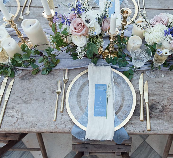 Cornflower Blue And Gold Wedding Decor // Winter Wedding Inspiration At Sennowe Park Norfolk With Cornflower Blue And Gold Details With Images From Salsabil Morrison Photography