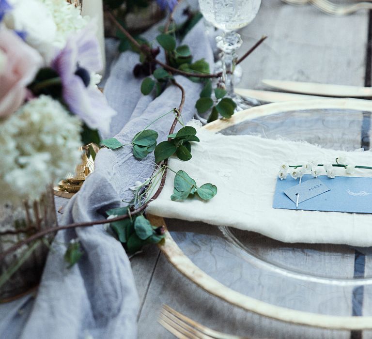 Cornflower Blue And Gold Wedding Decor // Winter Wedding Inspiration At Sennowe Park Norfolk With Cornflower Blue And Gold Details With Images From Salsabil Morrison Photography