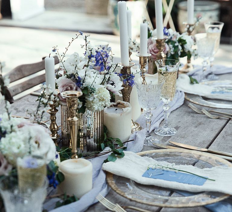 Cornflower Blue And Gold Wedding Decor // Winter Wedding Inspiration At Sennowe Park Norfolk With Cornflower Blue And Gold Details With Images From Salsabil Morrison Photography