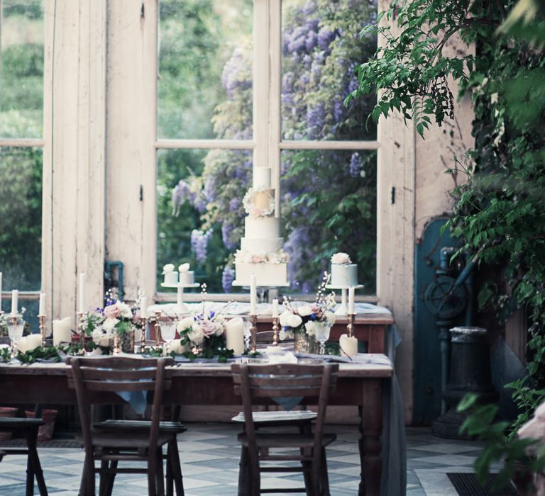 Dessert Table For Winter Wedding // Winter Wedding Inspiration At Sennowe Park Norfolk With Cornflower Blue And Gold Details With Images From Salsabil Morrison Photography