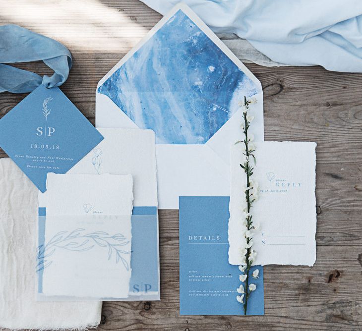 Blue Wedding Stationery Suite // Winter Wedding Inspiration At Sennowe Park Norfolk With Cornflower Blue And Gold Details With Images From Salsabil Morrison Photography