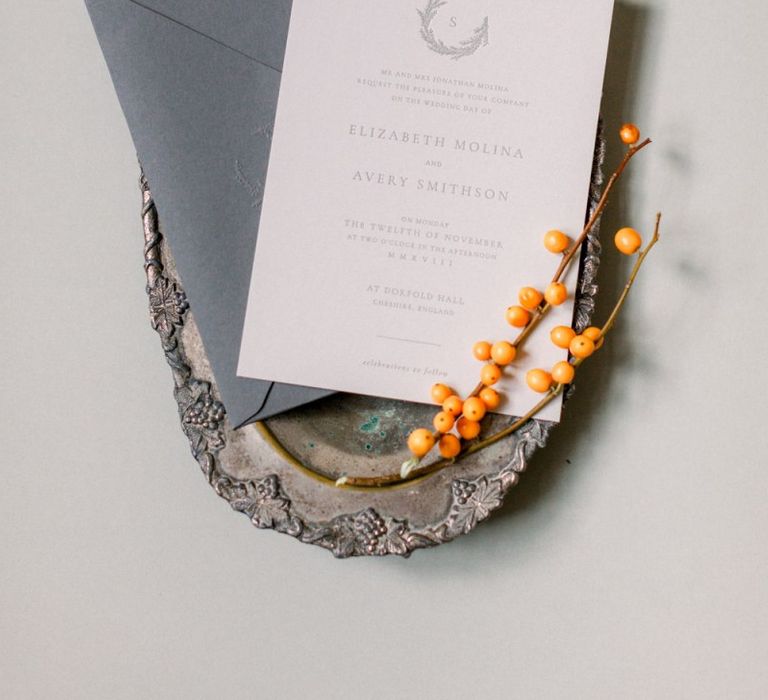 Grey and White Wedding Invitation on Silver Platter