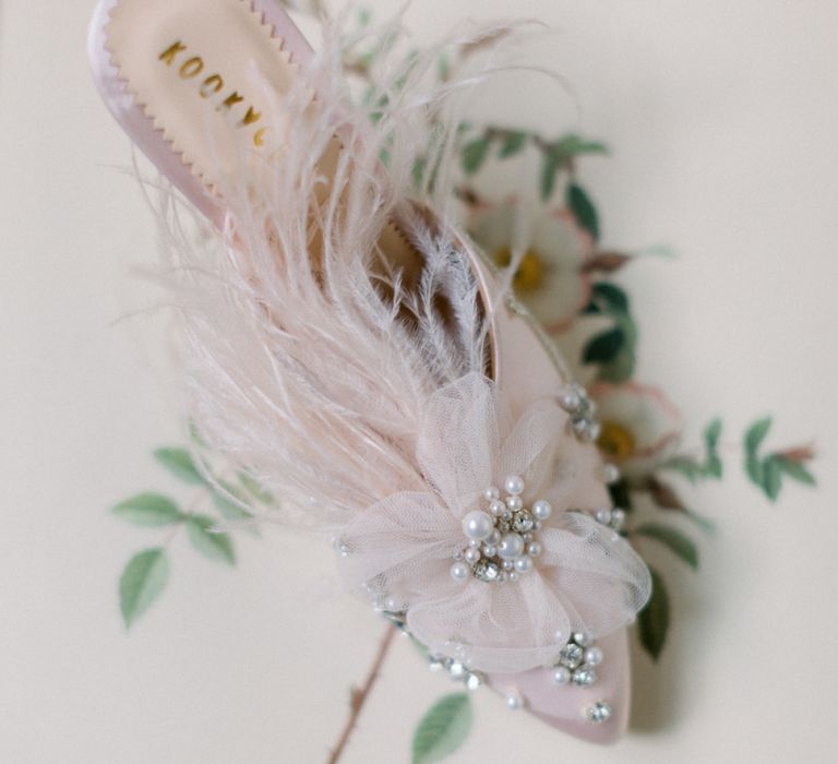 Slip on Diane Hassall   Wedding Shoes with Feathers