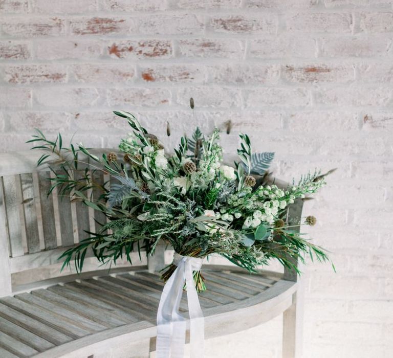 Green and White Oversized Wedding Bouquet Tied with Ribbon