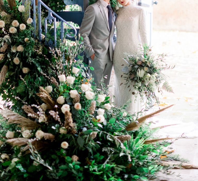 Bride and Groom Embracing at Dorfold Hall Winter Wedding Inspiration