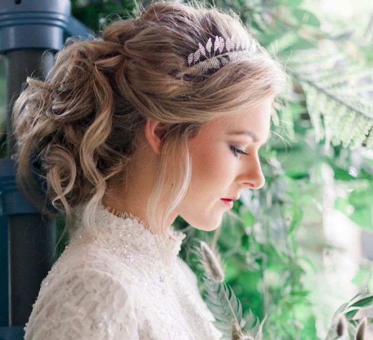 Pinned Bridal Updo with Silver Head-dress