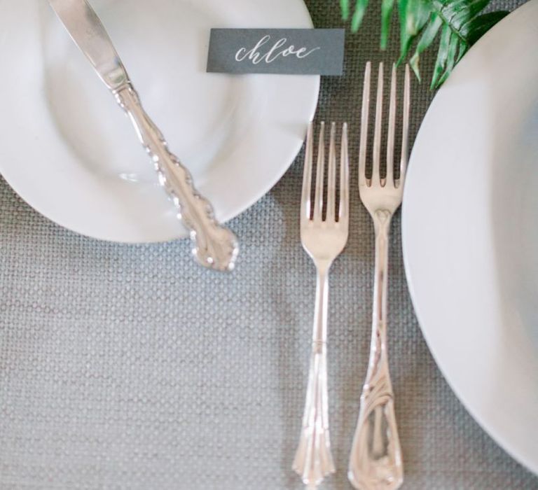 Silver Cutlery and Grey Name Place Card