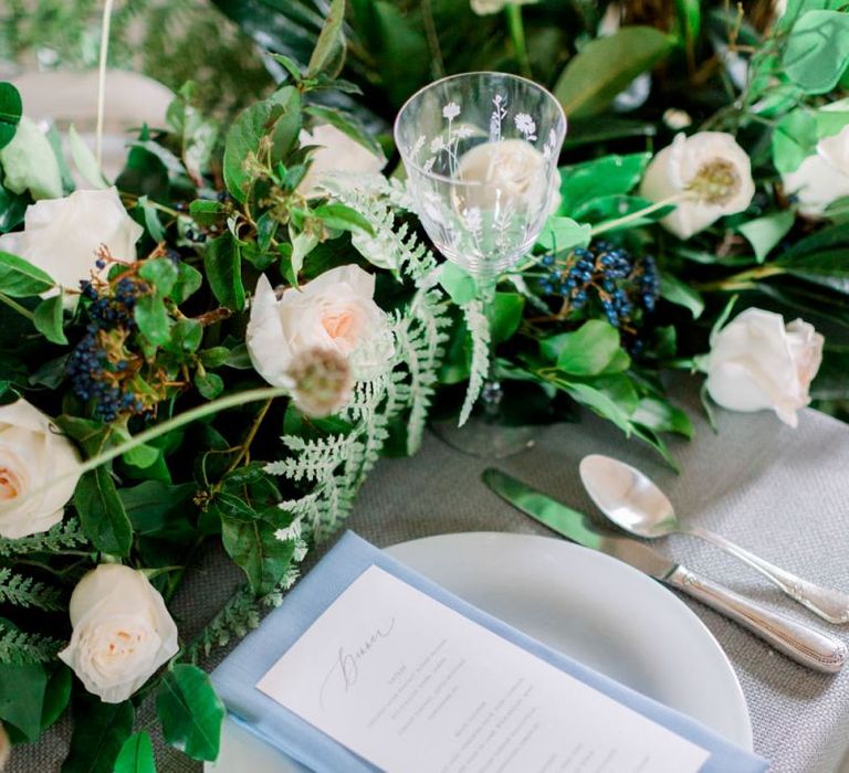 Elegant Place Setting with Blue Linen and On The Day Wedding Stationery