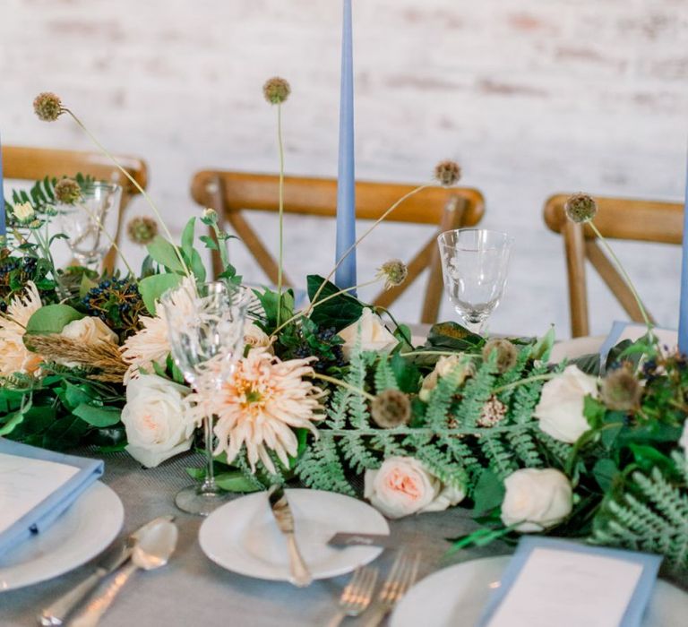 Floral Table Runner and Pale Blue Taper Candles