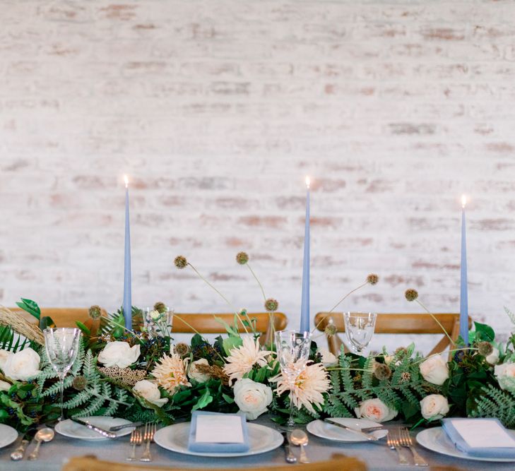 Winter Wedding Table Inspiration with Blue, Green, White and Peach Decor and Flowers