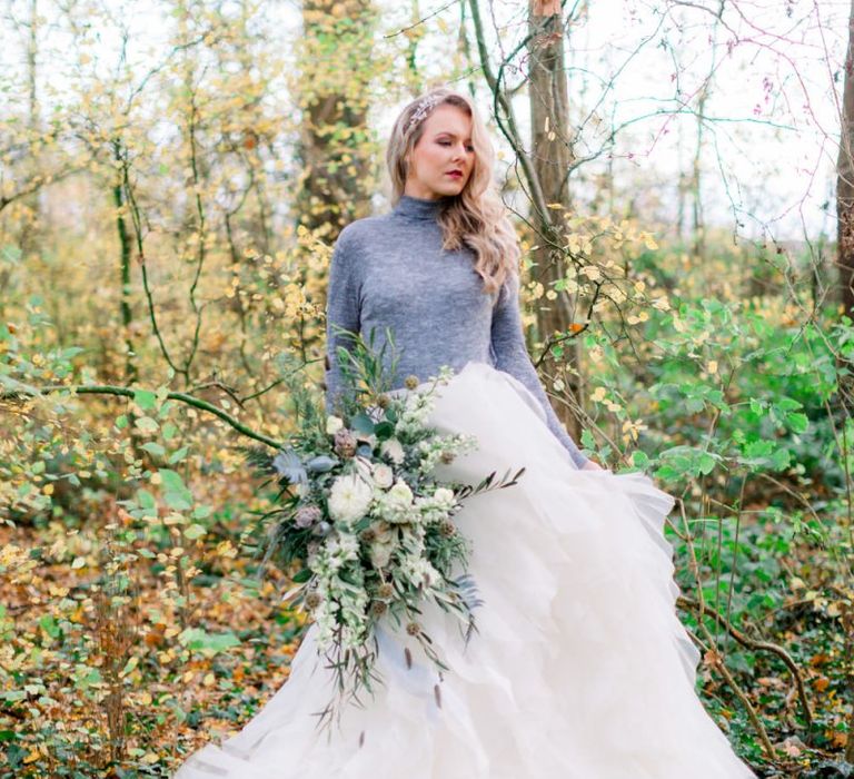 Winter Bride in Ruffle Skirt and Grey Jumper