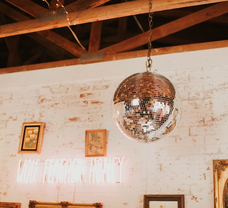 Disco ball for vegas elopement with sparkly wedding dress