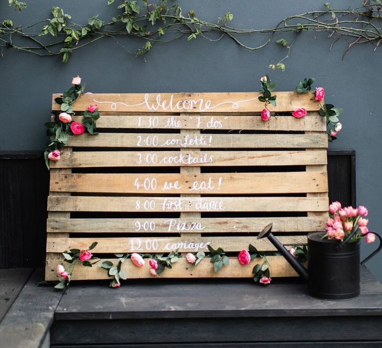 DIY Wooden Pallet Wedding Sign | Order of the Day | Outdoor Wedding Decor with Festoon Lights and Rustic Wooden Pallet