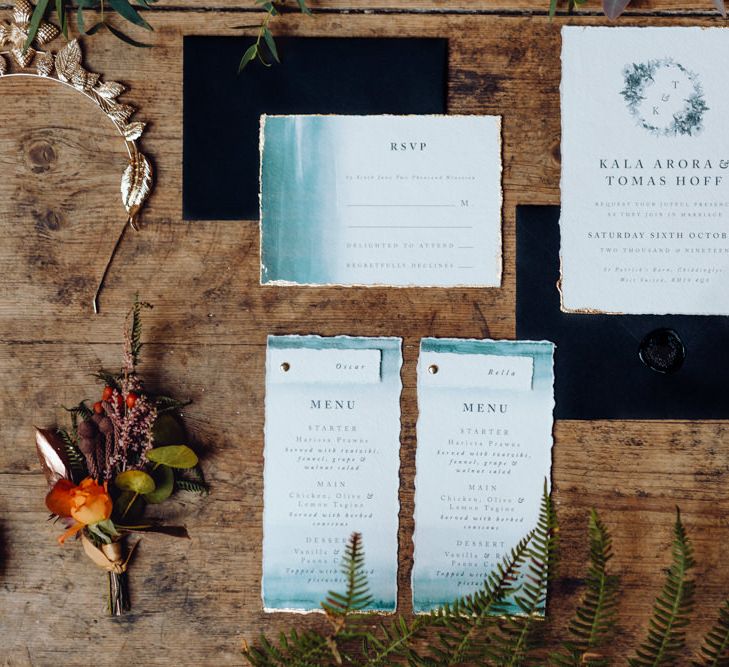 Blue And White Wedding Stationery Suite // Grazing Board Wedding Food Semi Naked Cake With Drip Icing For Autumnal Wedding Reception At Patrick's Barn With Images By Brigitte &amp; Thierry Photography