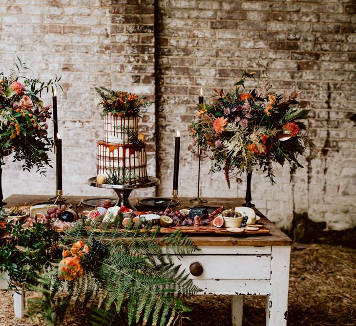 Grazing Board Wedding Food Semi Naked Cake With Drip Icing For Autumnal Wedding Reception At Patrick's Barn With Images By Brigitte &amp; Thierry Photography