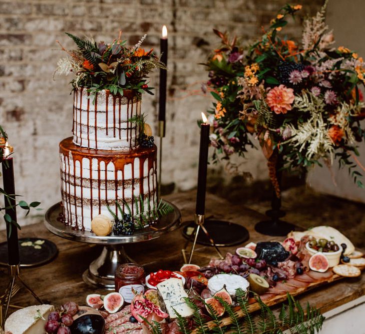 Grazing Board Wedding Food Semi Naked Cake With Drip Icing For Autumnal Wedding Reception At Patrick's Barn With Images By Brigitte &amp; Thierry Photography