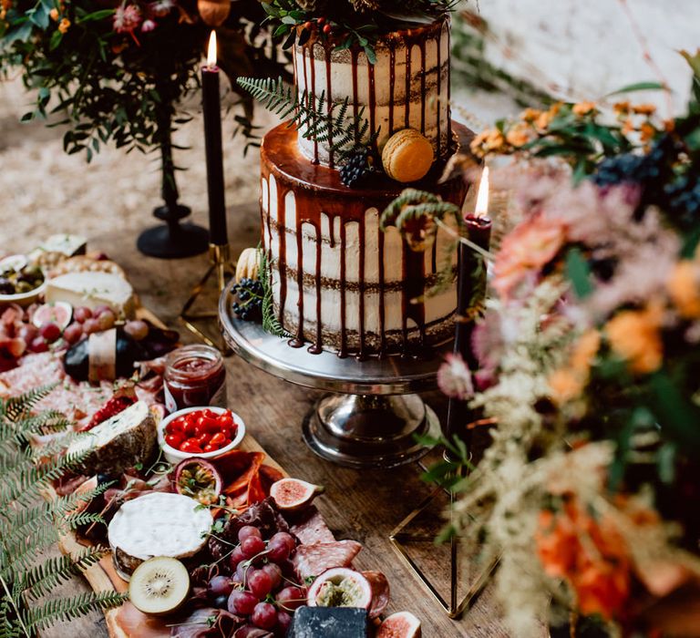 Grazing Board Wedding Food Semi Naked Cake With Drip Icing For Autumnal Wedding Reception At Patrick's Barn With Images By Brigitte &amp; Thierry Photography